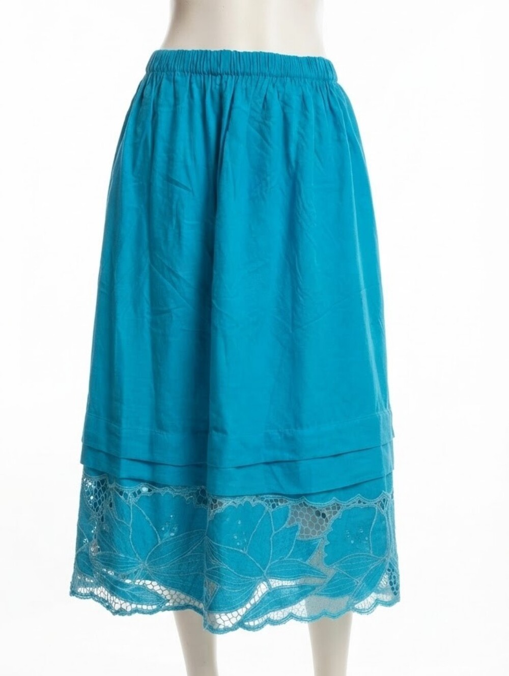 Turquoise Blue Floral Lace Hem Elastic Waist Skirt (Fits up to XL)